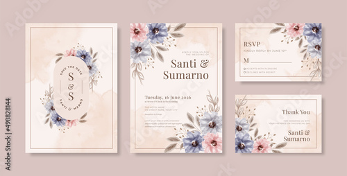 Beautiful rustic wedding invitation template with floral watercolor