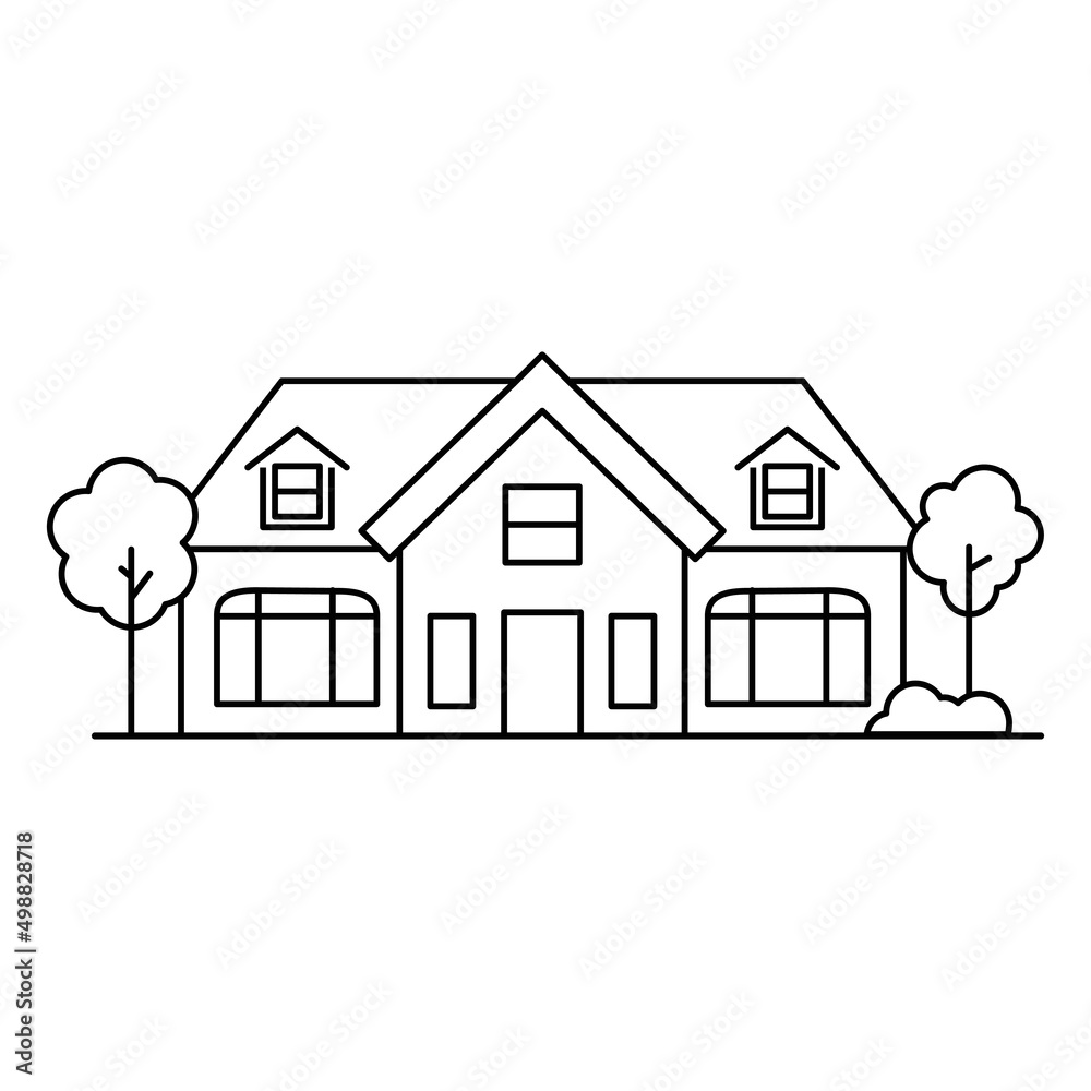 Thin line icon suburban modern house. Symbol for a mobile application or website.Vector illustration in lineart style.Isolated on white background.
