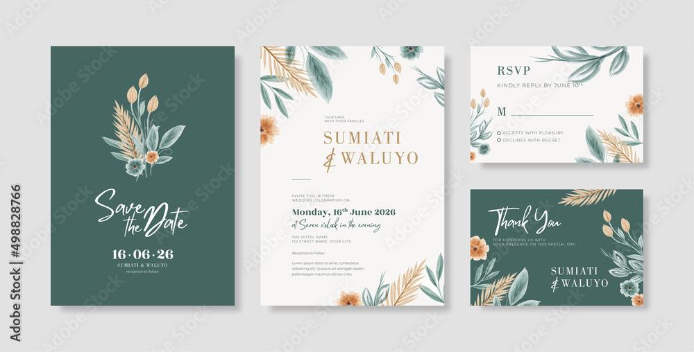 Elegant wedding invitation template with watercolor eucalyptus