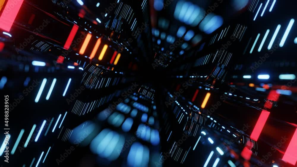 Hi-tech neon sci-fi tunel. Trendy neon glow lines form pattern and construction in mirror tunnel. Fly through technology cyberspace. 3d looped seamless 4k bright youth background.