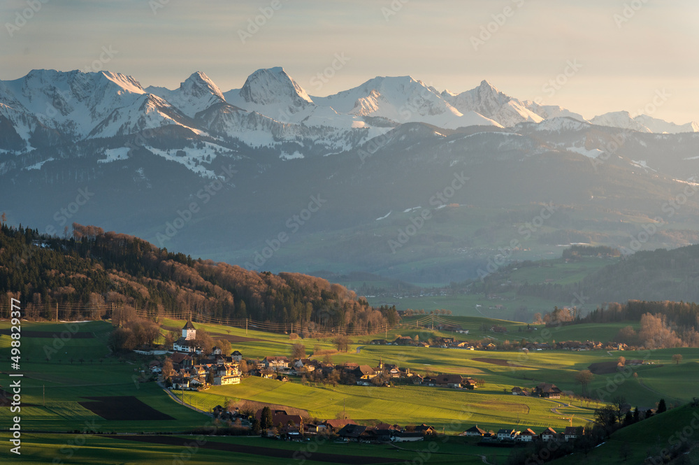 Schlosswil and Gantrisch Ridge on a spring sunset