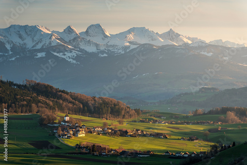 Schlosswil and Gantrisch Ridge on a spring sunset