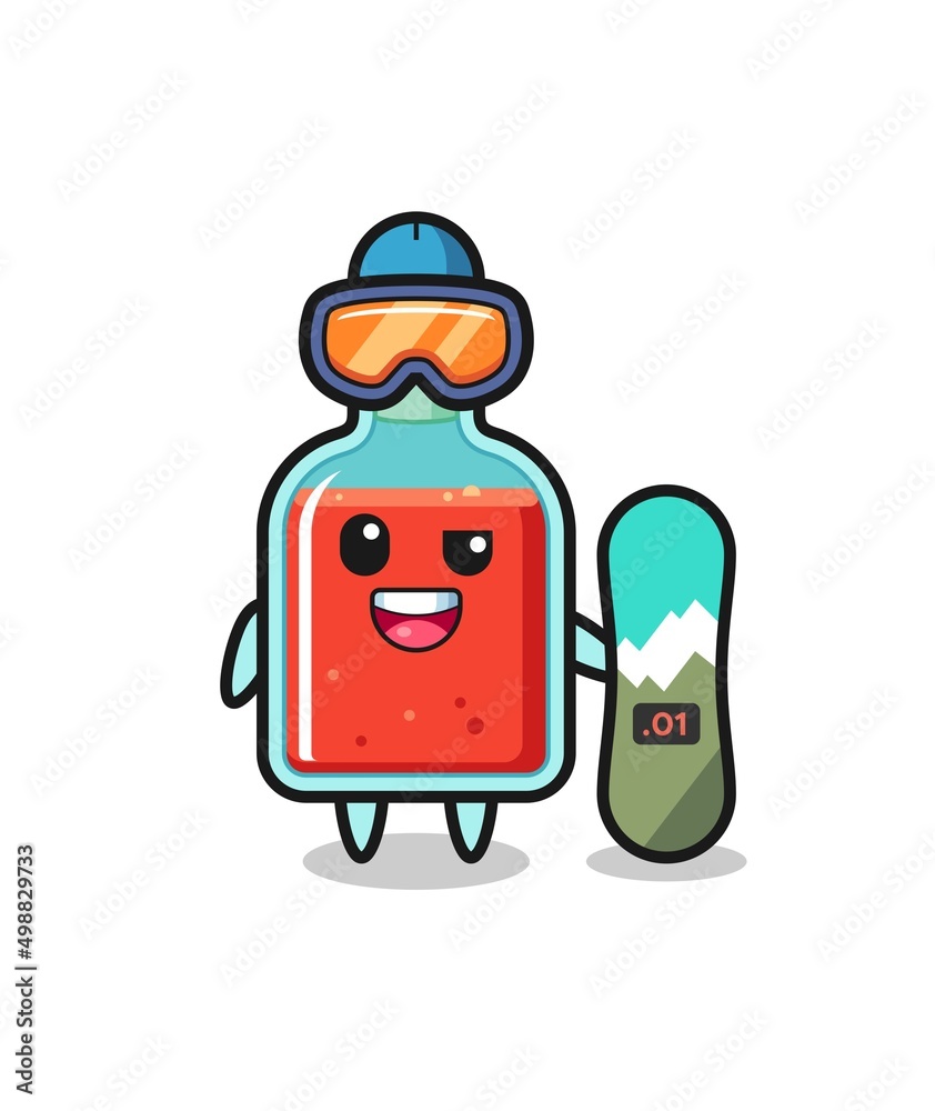 Illustration of square poison bottle character with snowboarding style Illustration of square poison bottle character with snowboarding style