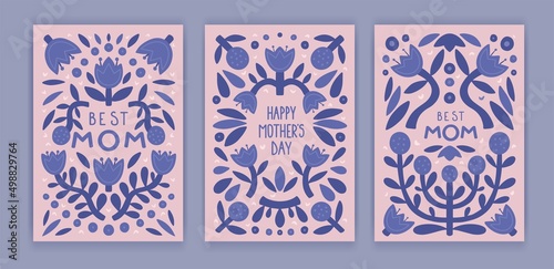 Happy mother's day Greeting Card set with trandy abstract flowers. Hand drawn vector cover, poster, banner or cards for the holiday moms