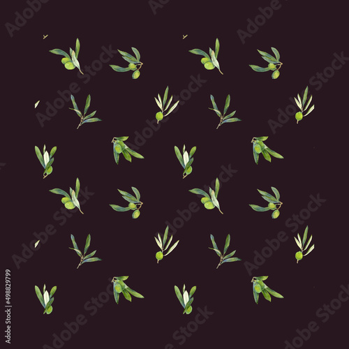 Seamless olives watercolor pattern. Hand drawing branch of olives isolated on black.