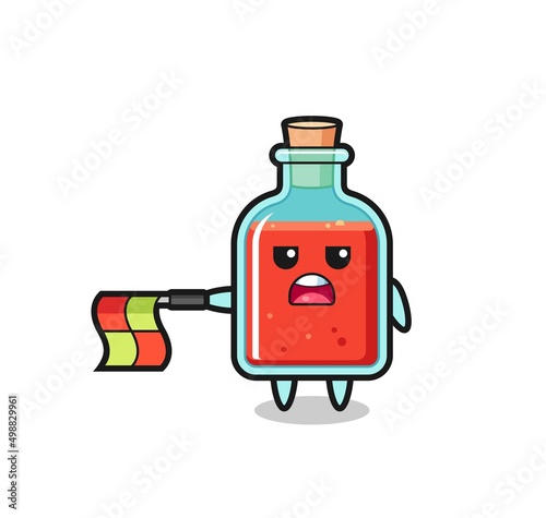 square poison bottle character as line judge hold the flag straight horizontally
