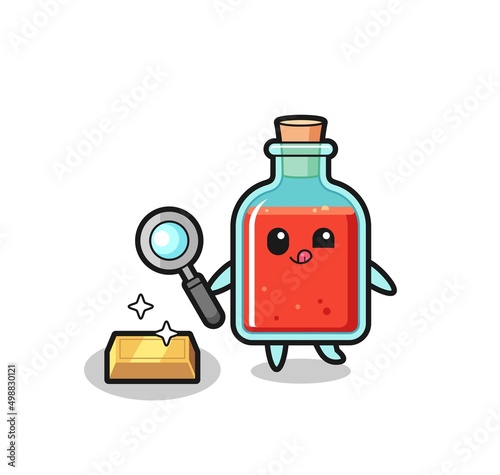 square poison bottle character is checking the authenticity of the gold bullion