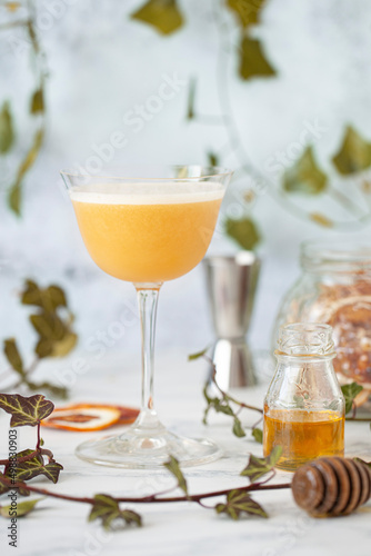 A rum sour cocktail in a sours glass with and egg white foam and ingredients in shot. photo