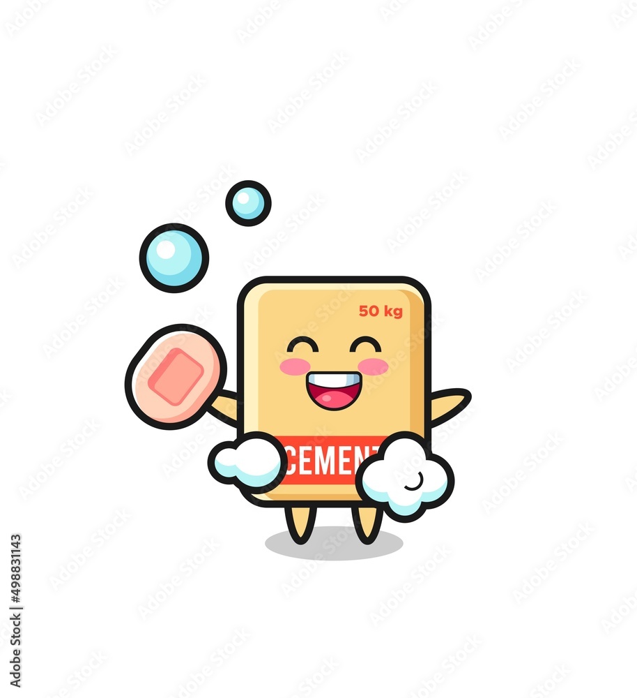 cement sack character is bathing while holding soap