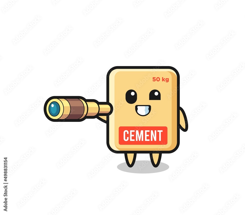 cute cement sack character is holding an old telescope
