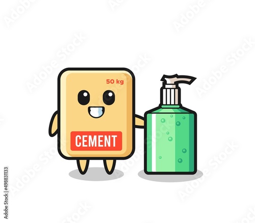 cute cement sack cartoon with hand sanitizer