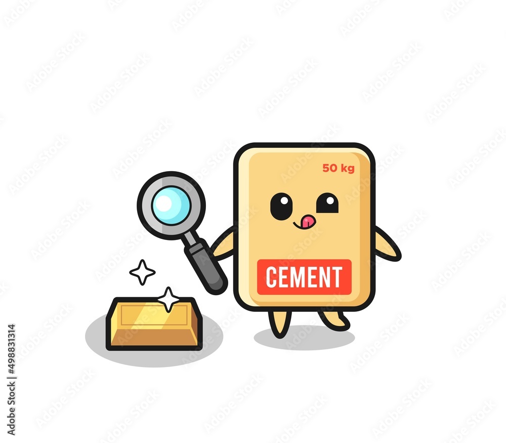 cement sack character is checking the authenticity of the gold bullion