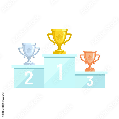 The winner podium with gold, silver and bronze cups trophy