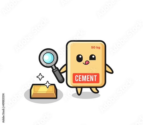 cement sack character is checking the authenticity of the gold bullion