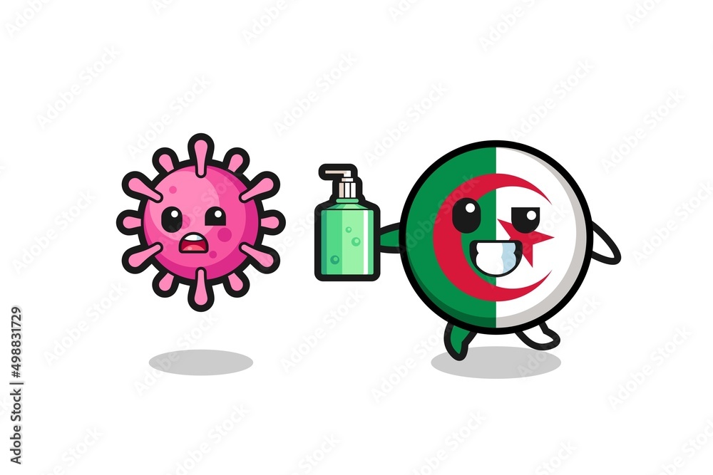illustration of algeria flag character chasing evil virus with hand sanitizer illustration of algeria flag character chasing evil virus with hand sanitizer