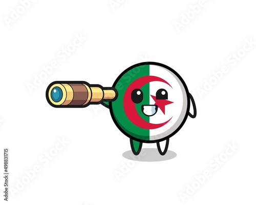cute algeria flag character is holding an old telescope