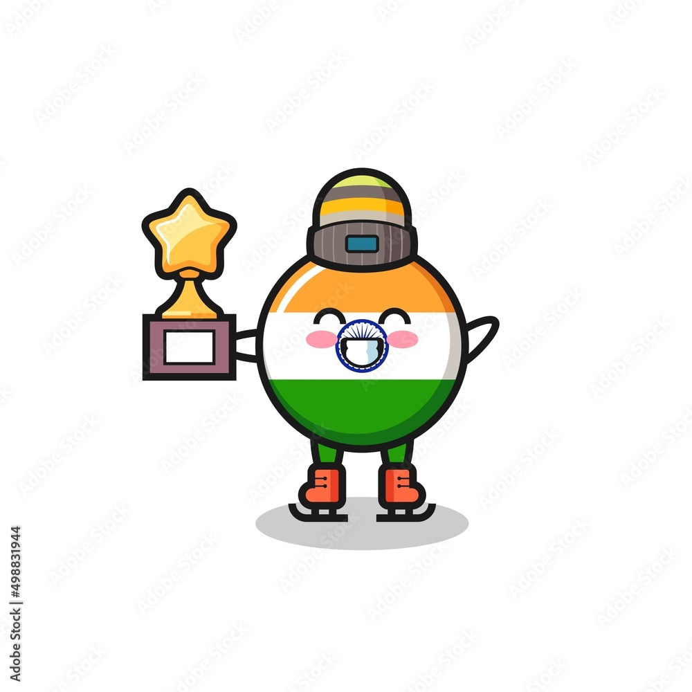 india flag cartoon as an ice skating player hold winner trophy