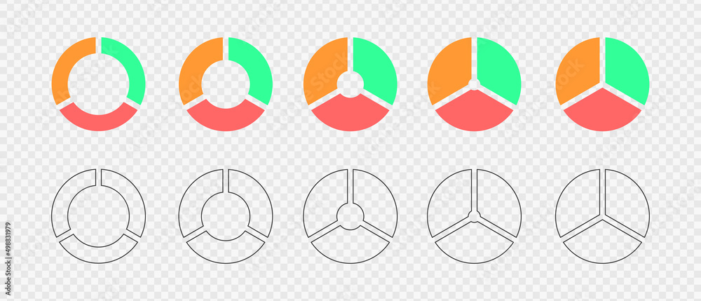 Donut charts divided in 3 multicolored and outline segments. Infographic wheels set. Circle diagrams segmented on three equal parts. Vector flat and graphic illustration.