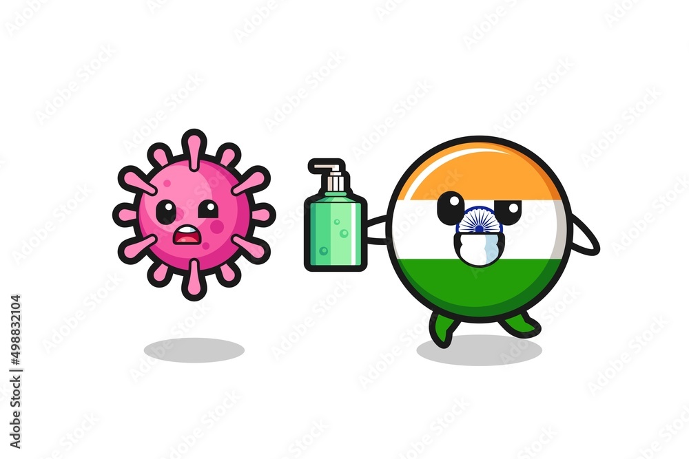 illustration of india flag character chasing evil virus with hand sanitizer