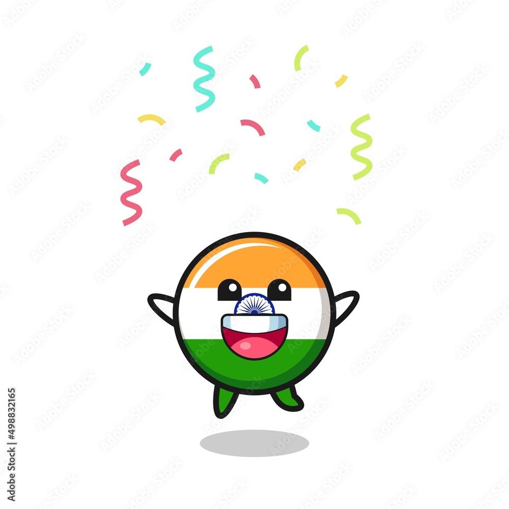 happy india flag mascot jumping for congratulation with colour confetti happy india flag mascot jumping for congratulation with colour confetti