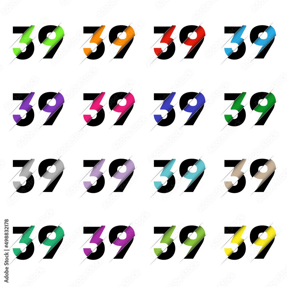 Paper cut number thirty nine 39. Realistic 3D multi layers papercut effect isolated on white background. Figure of alphabet letter font. Decoration element for birthday or wedding greeting design Paper cut number thirty nine 39. Realistic 3D multi layers papercut effect isolated on white background. Figure of alphabet letter font. Decoration element for birthday or wedding greeting design