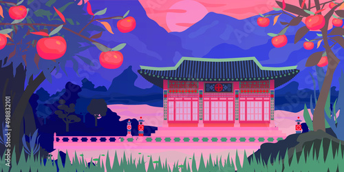 South Korean Landscape. Traditional Korea Palaces Hanok Building Republic Of Korea from mountains. 