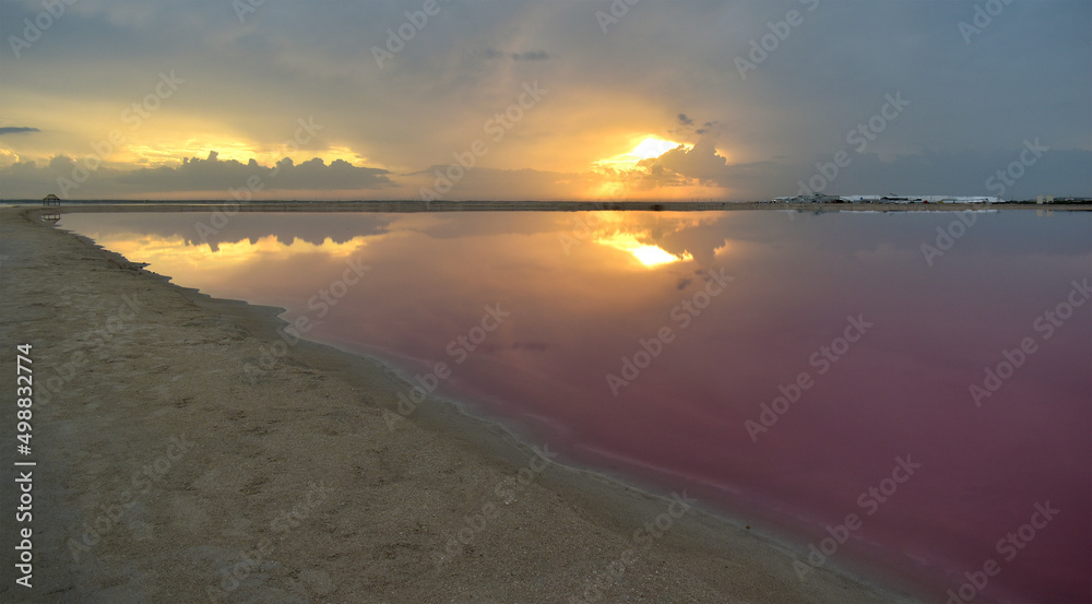 Pink lagoon with sunset, Las Coloradas, Yucatan, Mexico.