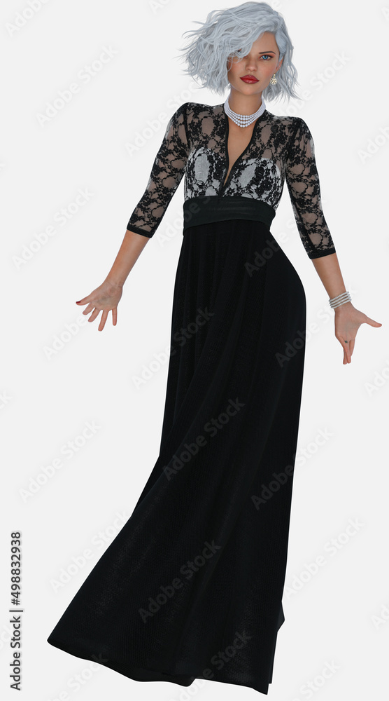 Full body portrait of Zara a young beautiful silver-haired woman with blue eyes standing on an isolated white background. 3D illustration character model render. Full body portrait of Zara a young beautiful silver-haired woman with blue eyes standing on an isolated white background. 3D illustration character model render.