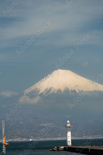 Mt Fuji and lighthouse in the sea