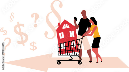 Couple with a house in a shopping cart facing financial and organizational questions in the process of buying a home, EPS 8 vector illustration 