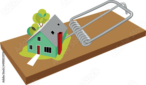 Mouse trap with a one family home as a bait as a metaphor for real estate purchasing problems, EPS 8 vector illustration