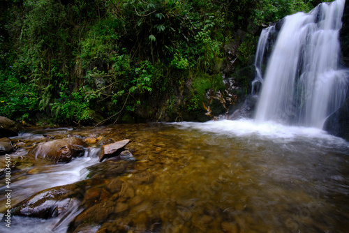 Beautiful landscape of inter-Andean forest where a stream of water runs that forms waterfalls and a small river.