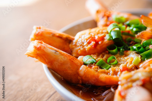 shrimp is cooked in the traditional Asian way. Spicy, smells good. Delicious. Seafood. Sea, ocean, cooking, fried food. 