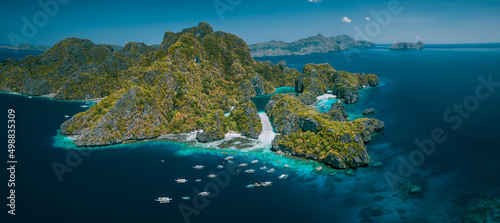 Palawan  Philippines aerial panorama natural scenery of tropical Miniloc island with Big and Small lagoon. El Nido Marine Reserve Park tour A