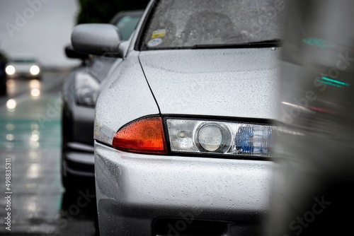 JDM shot on a rainy day. 
Details of car. Car culture. Classic Car. Sports car. Automotive.  photo
