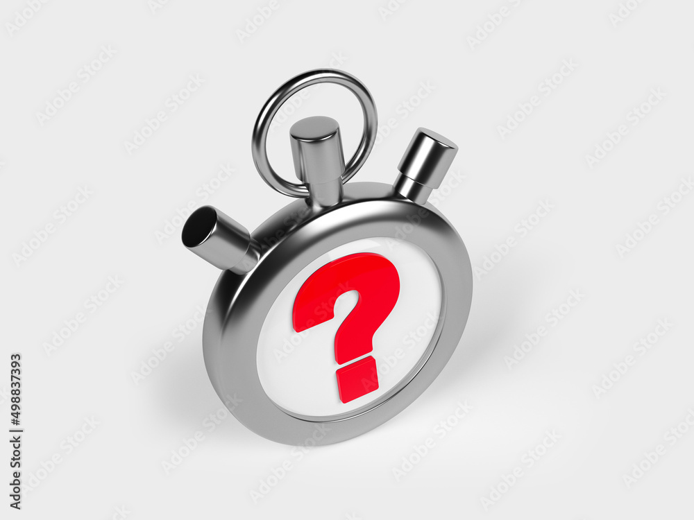 Red-colored question symbol and stopwatch on a white-colored background isolated with clipping path. Horizontal composition with copy space. Red-colored question symbol and stopwatch on a white-colored background isolated with clipping path. Horizontal composition with copy space.