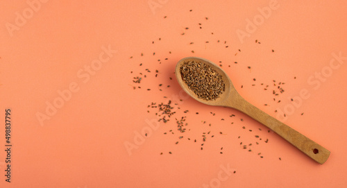 Pimpinella anisum - Anise seed condiment in wooden spoon photo