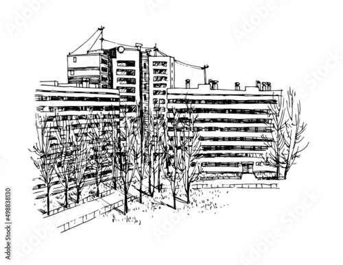 The courtyard of the residential area. Panel house-ship in Saint-Petersburg. Vector illustration in black ink, isolated on a white background in a doodle and hand drawn style.