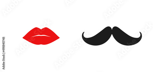 Red lips and mustache icons isolated. Design elements for cards, banners, posters, male and female toilet symbols.