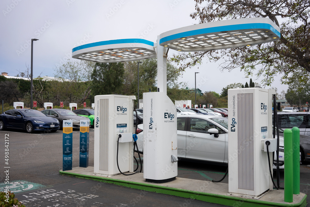 Carlsbad, CA, USA Mar 25, 2022 An EVgo charging station is seen adjacent to a Tesla