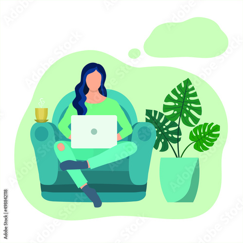 Girl freelancer sitting under laptop with cup of tea. Woman thinking speech bubble over her head. Remote work from home. Concept of online consultations and courses. Vector illustration in flat style