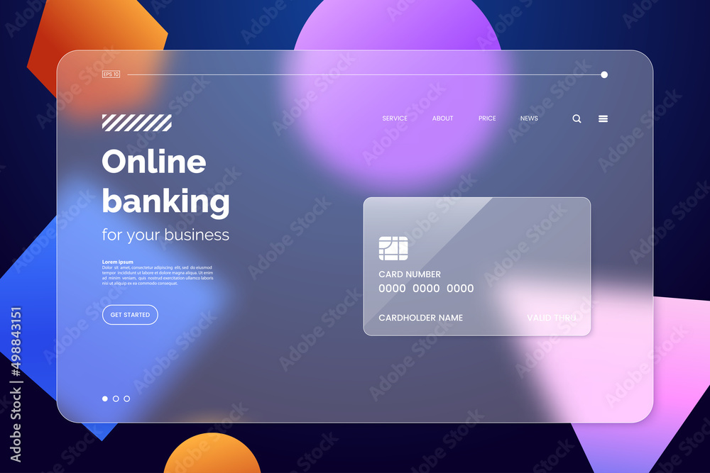 Landing page template in glassmorphism style. Horizontal Website screen  with glass overlay effect isolated on abstract background. Online banking  concept. Vector illustration. Stock Vector | Adobe Stock