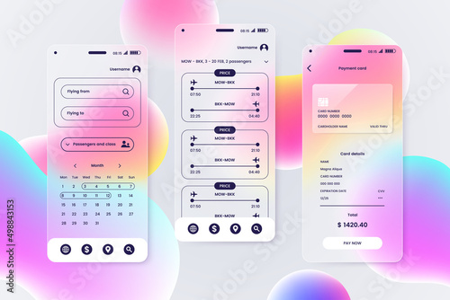 UI UX screens kit in glassmorphism style. Smartphone screen with glass overlay effect isolated on abstract background. Mockup for mobile app demonstration. Liquid gradient shapes. Vector illustration