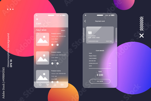 UI UX screens kit in glassmorphism style. Smartphone screen with glass overlay effect isolated on abstract background. Mockup for mobile app presentation. Vector illustration