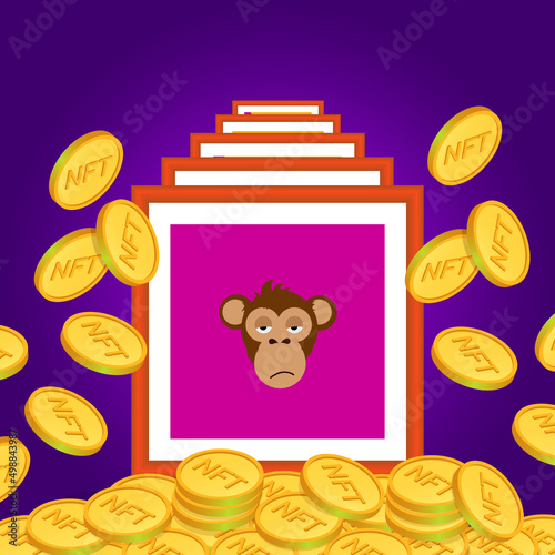 NFT non fungible token. Crypto art. nft art. NFT collection. Gold coins NFT and paintings. Crypto art investing concept.