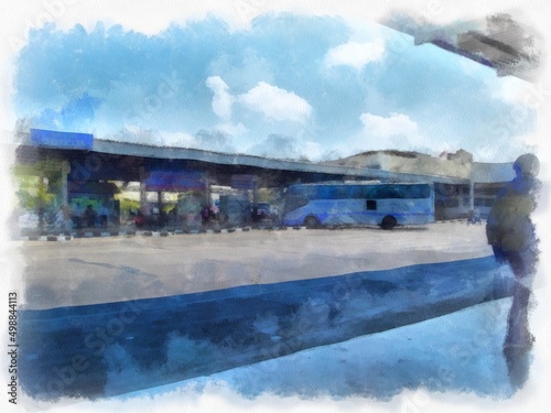 bus station landscape watercolor style illustration impressionist painting.