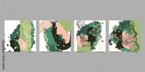 Set art abstract universal art web header template. Collage made with scribbles, marker, canyon strokes, black geometric shapes, ink drawn splashes