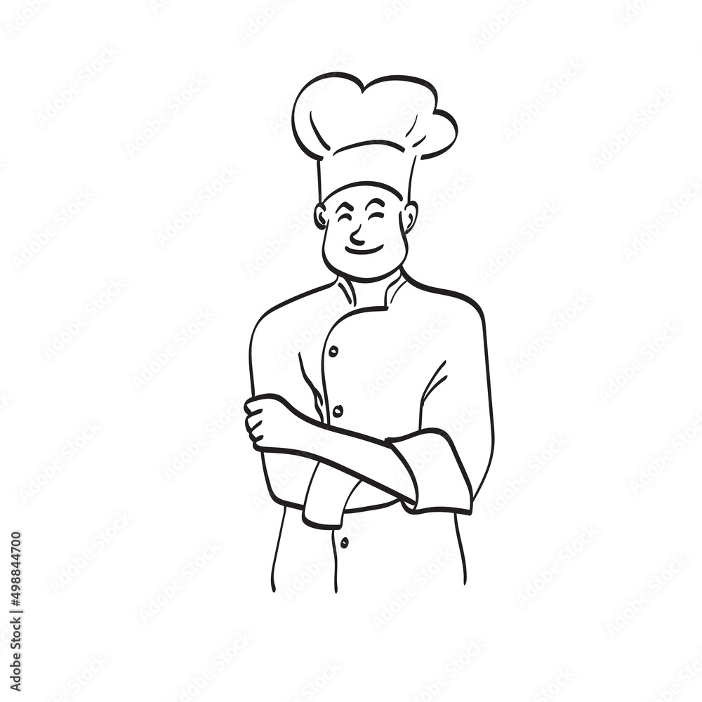 portrait male chef standing with folded arms illustration vector hand drawn isolated on white background line art. portrait male chef standing with folded arms illustration vector hand drawn isolated on white background line art.