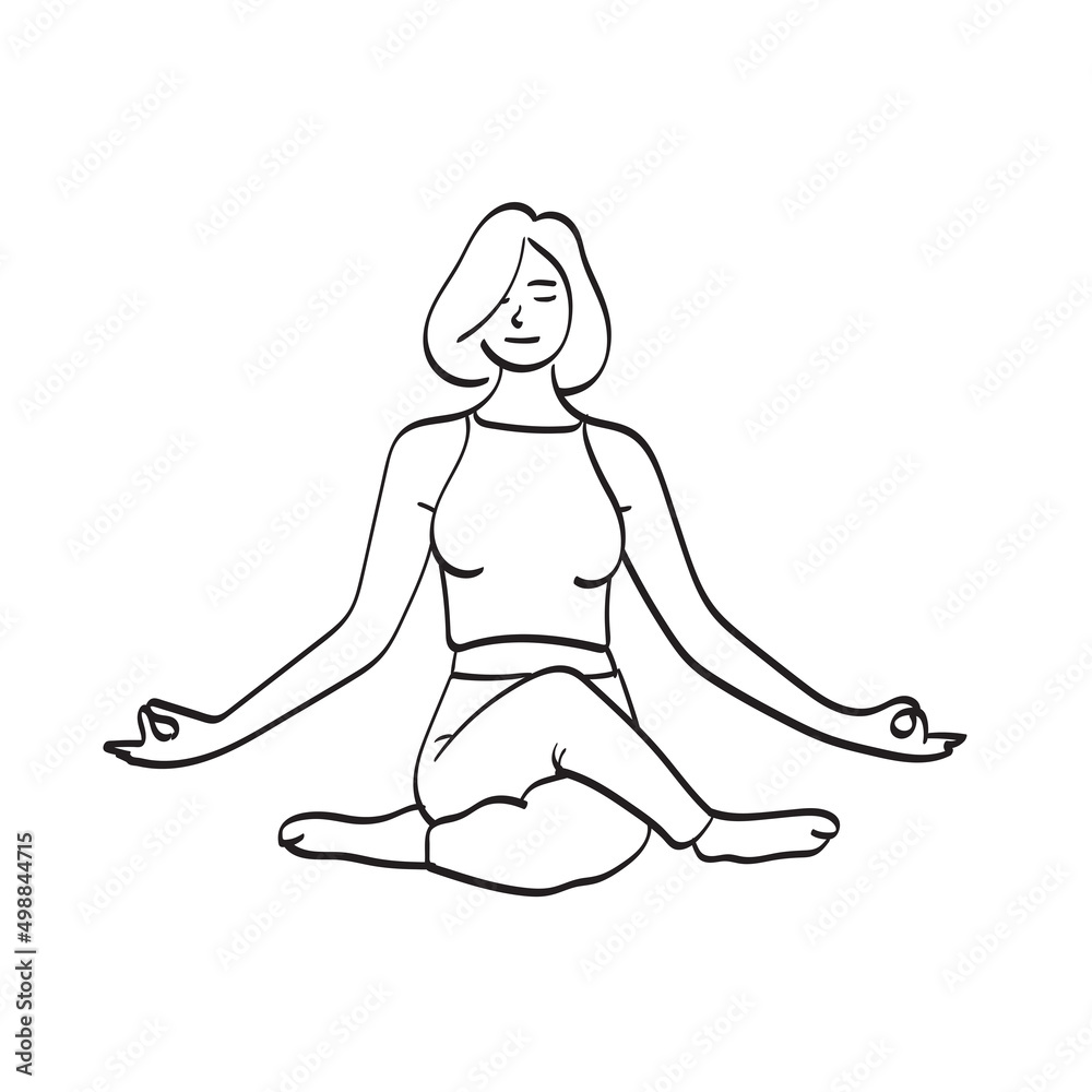 woman practices yoga and meditates in the lotus position illustration vector hand drawn isolated on white background line art. woman practices yoga and meditates in the lotus position illustration vector hand drawn isolated on white background line art.