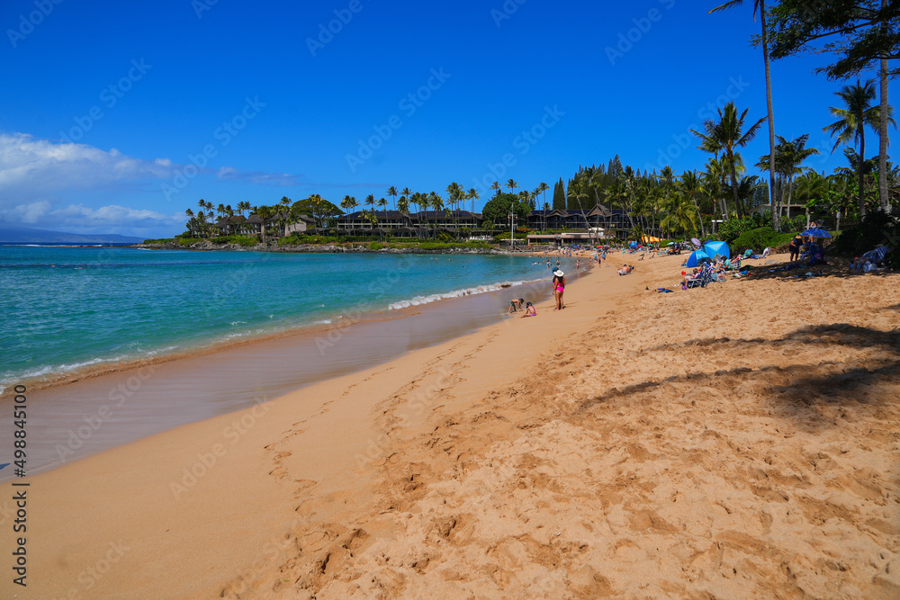 The beach of Napili Bay in Kapalua in the West of Maui island, Hawaii, United States
